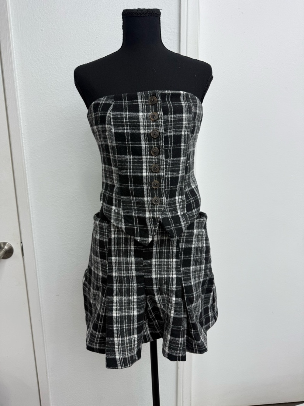 Strapless Black & White Plaid Button-Front Dress